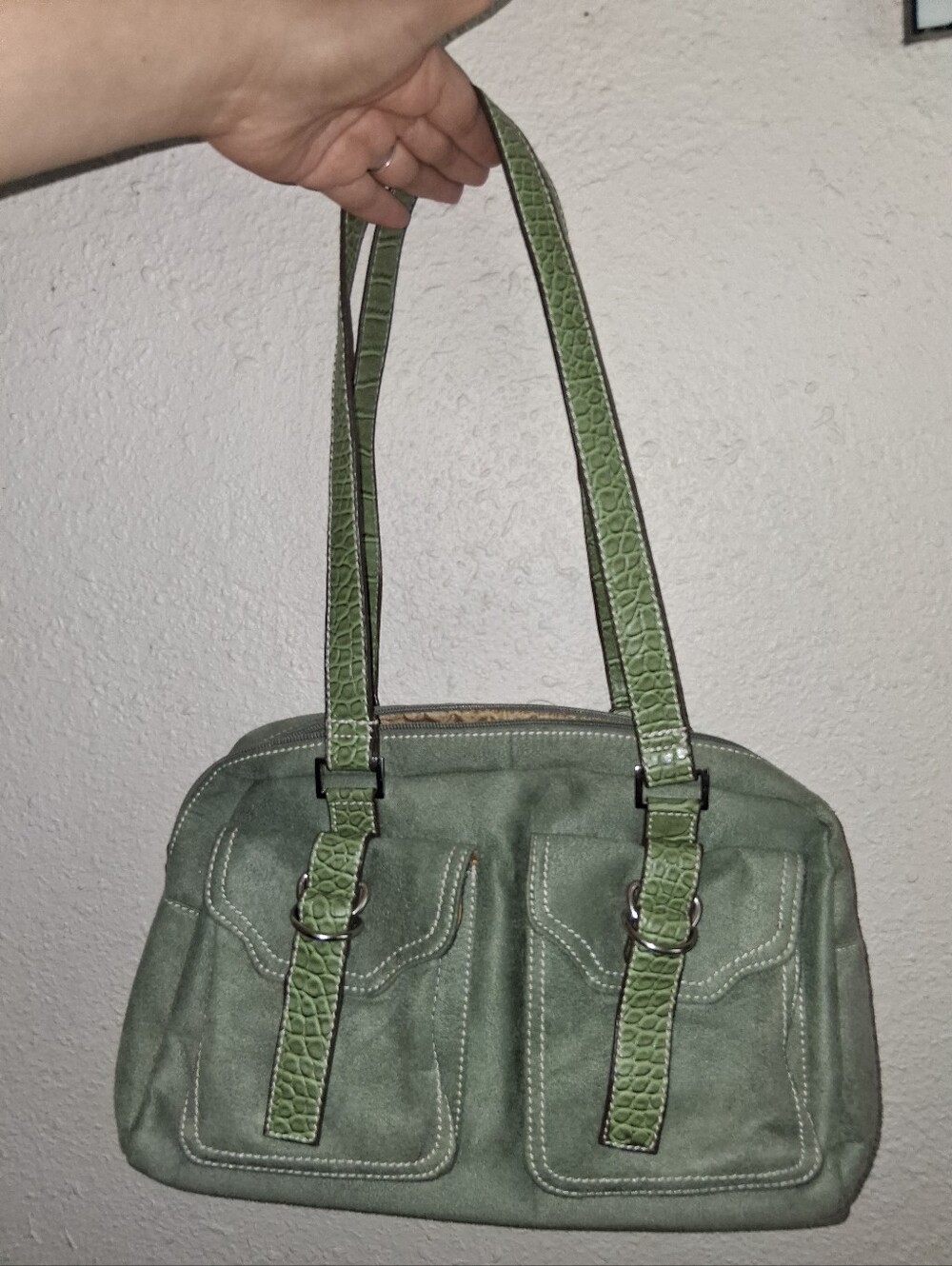 Green Faux Suede Shoulder Bag